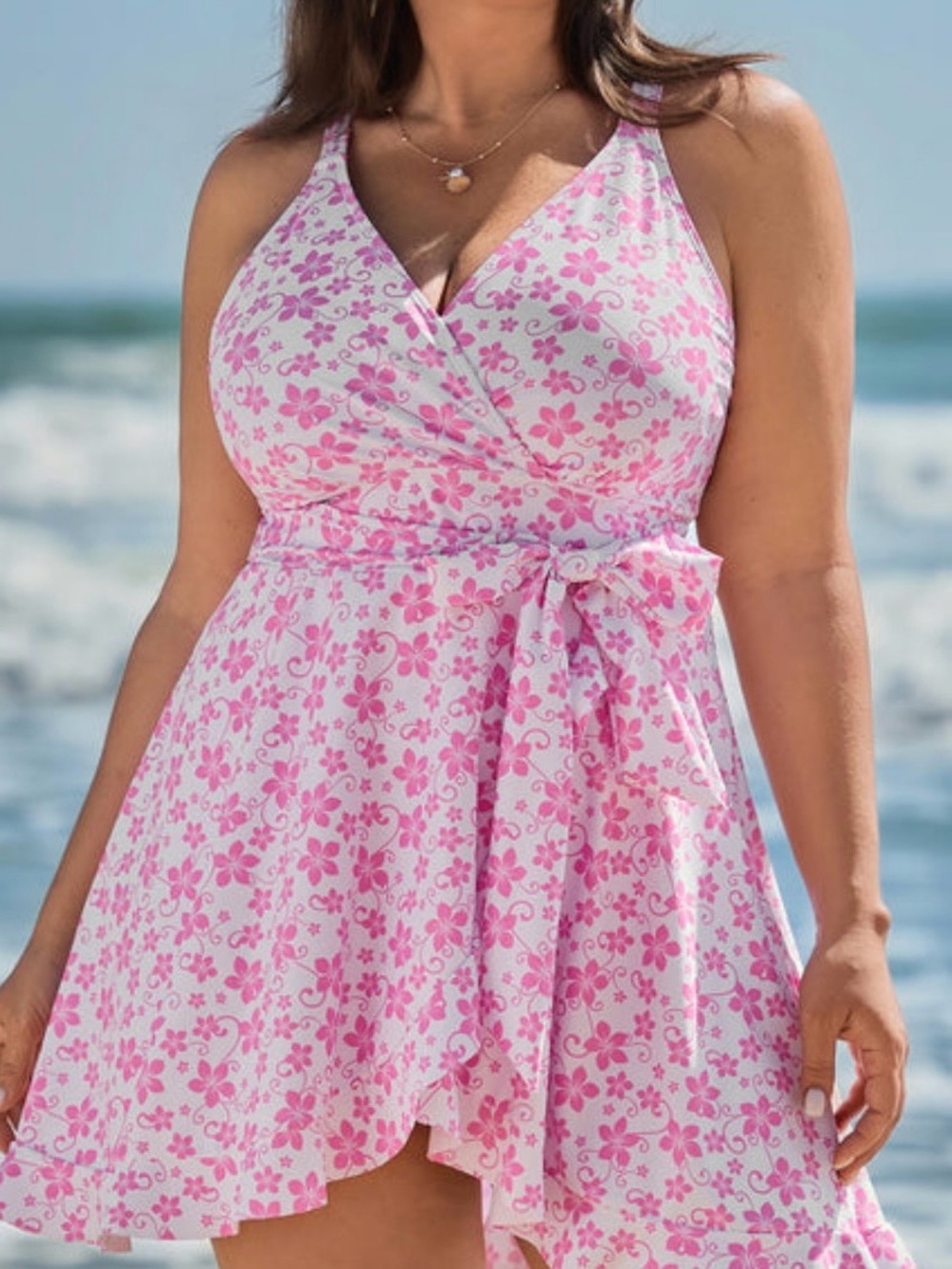 Bloomchick Pink Floral Swimdress W/Cute Bow Tie NWOT 28W